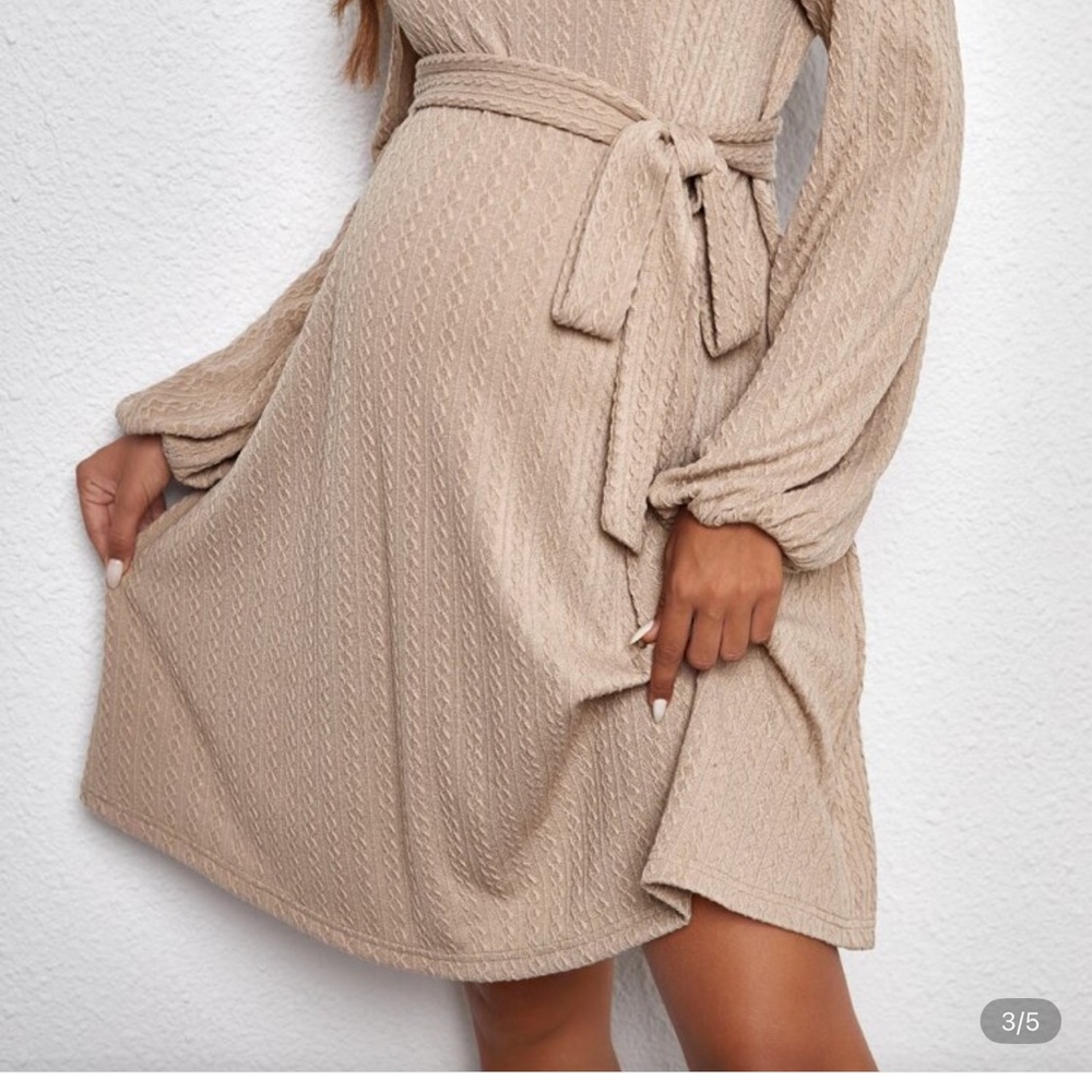 Beige Knit Dress with Belt